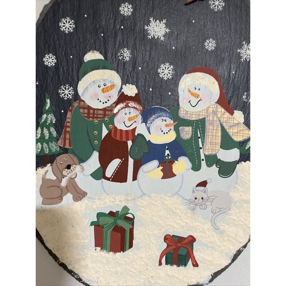 Hand Painted Snowman & Christmas Tree on Slate Holiday Winter Wall Decor Hanging - Picture 2 of 4